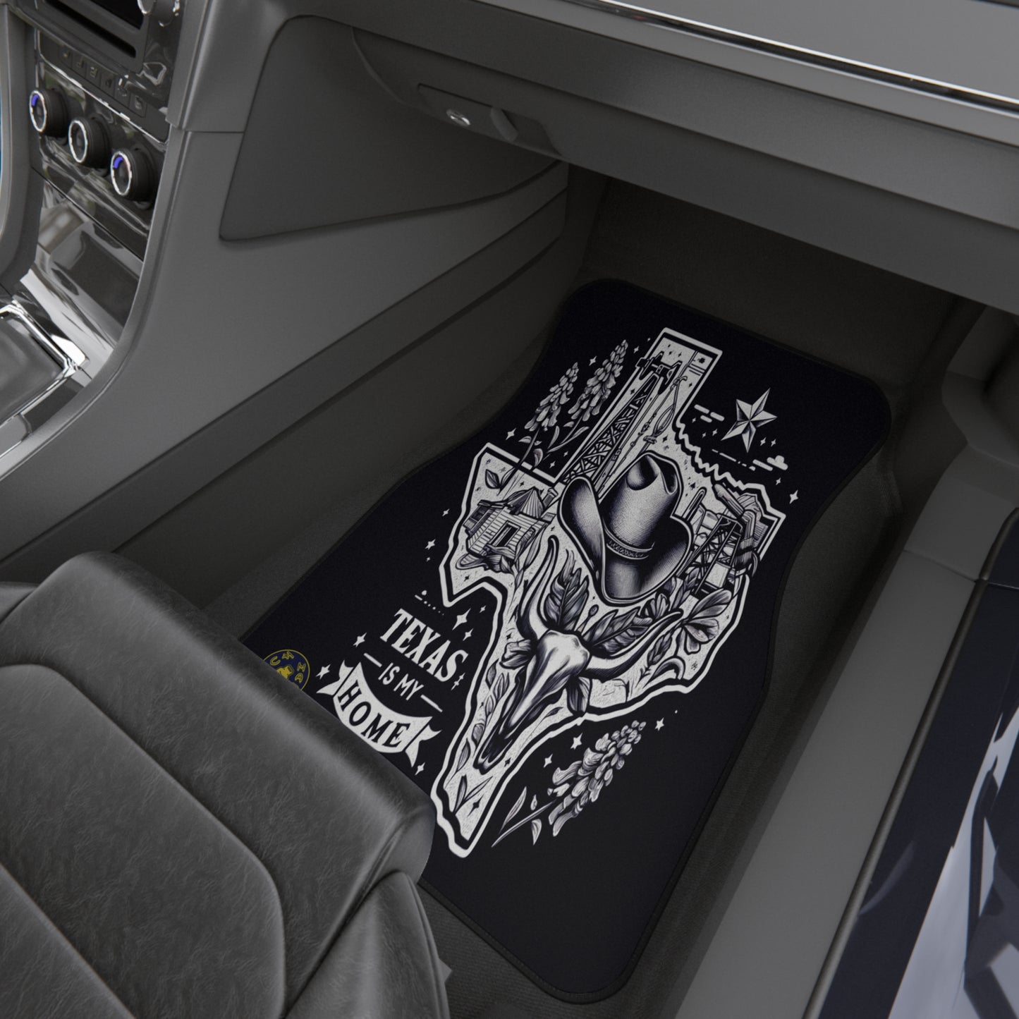Custom car mats featuring Texas-themed design with cowboy hat, Texas state outline, oil rig, and 'Texas is My Home' text