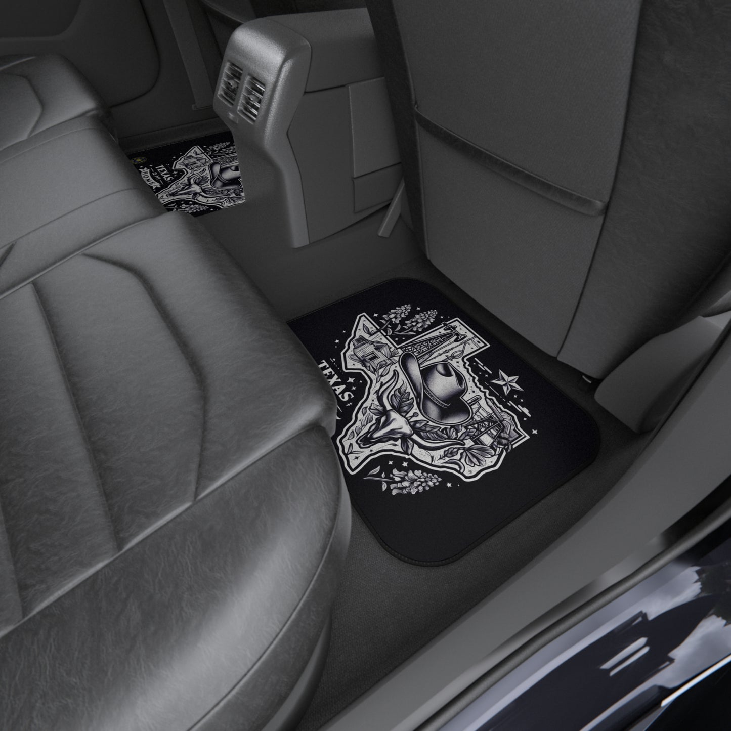 Custom car mats featuring Texas-themed design with cowboy hat, Texas state outline, oil rig, and 'Texas is My Home' text
