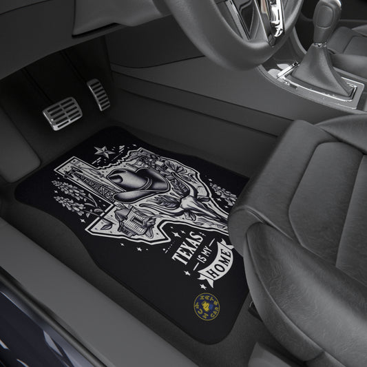 Custom car mats featuring Texas-themed design with cowboy hat, Texas state outline, oil rig, and 'Texas is My Home' text