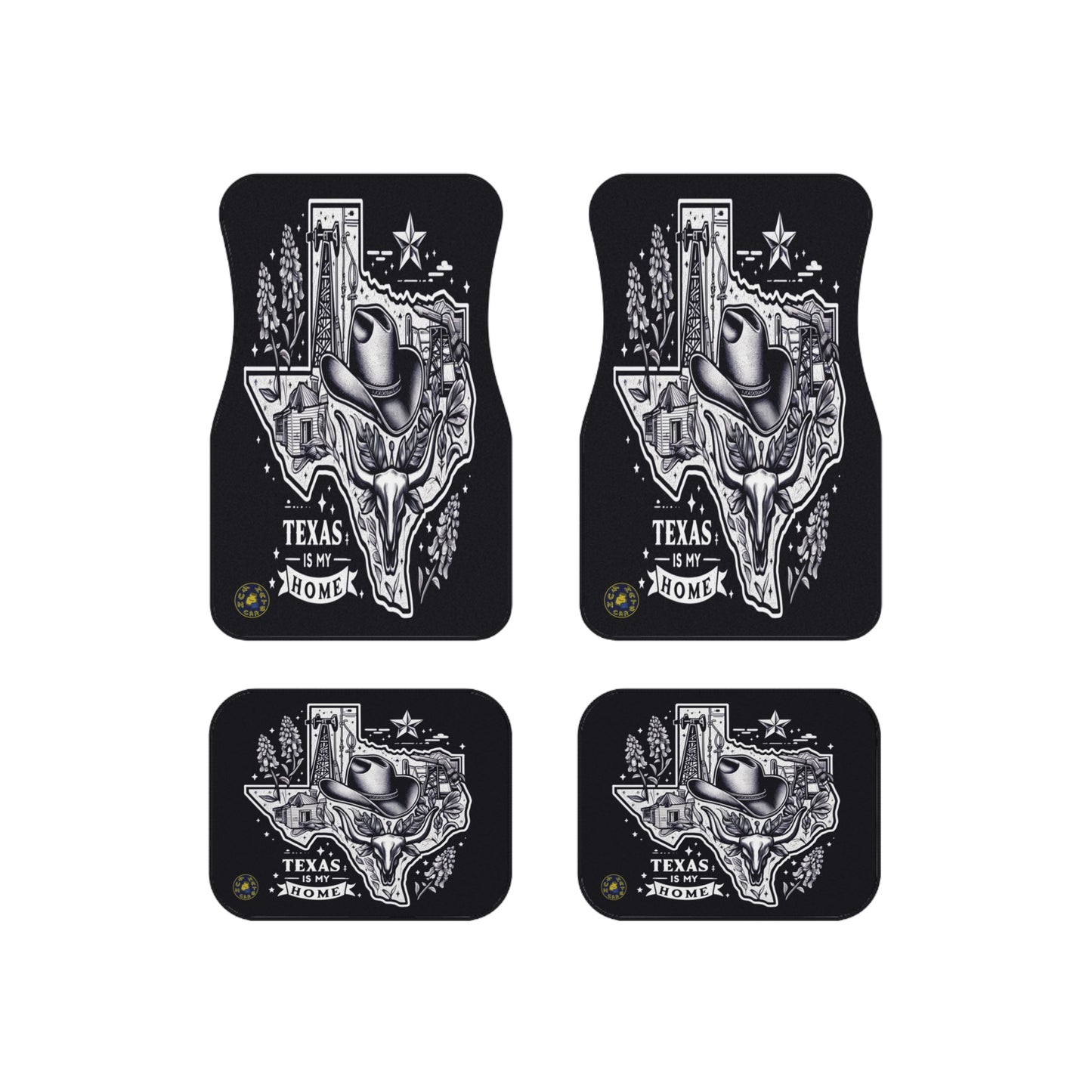 Custom car mats featuring Texas-themed design with cowboy hat, Texas state outline, oil rig, and 'Texas is My Home' text