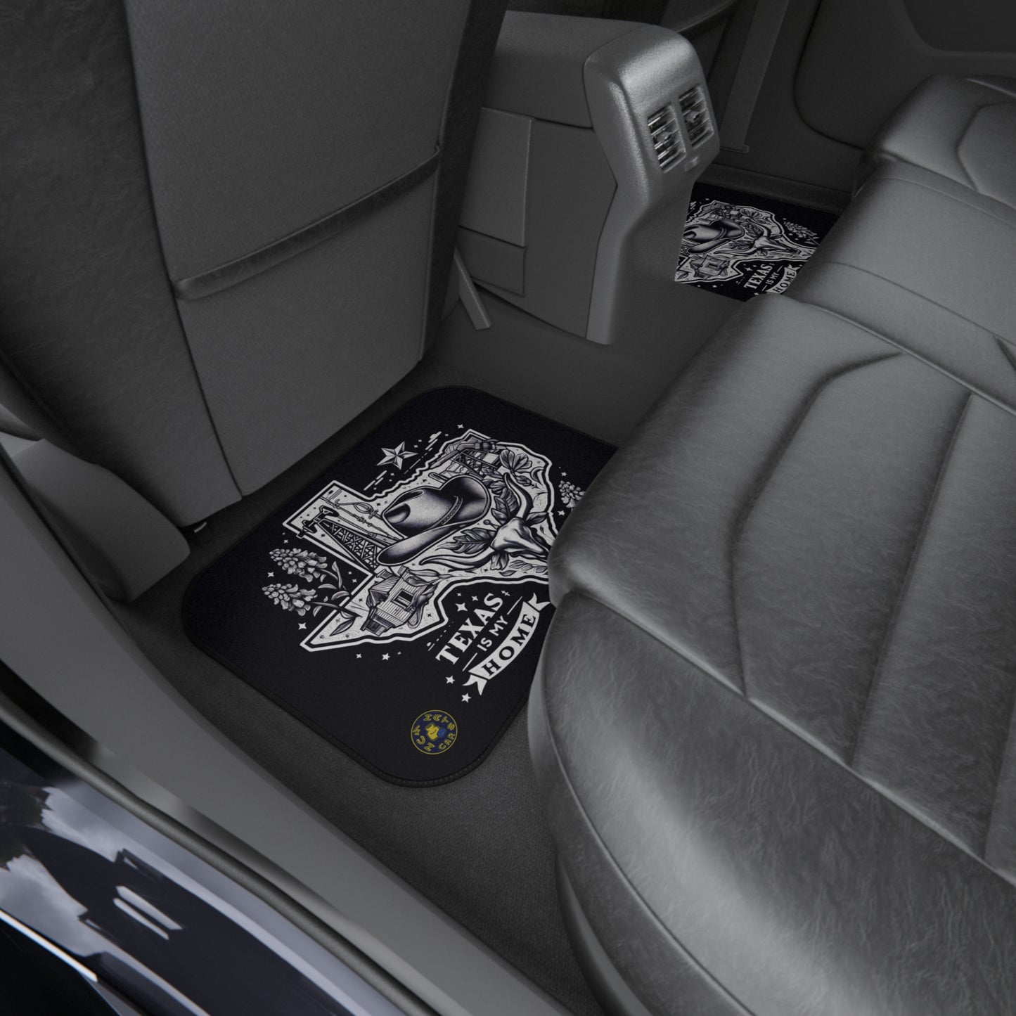 Custom car mats featuring Texas-themed design with cowboy hat, Texas state outline, oil rig, and 'Texas is My Home' text