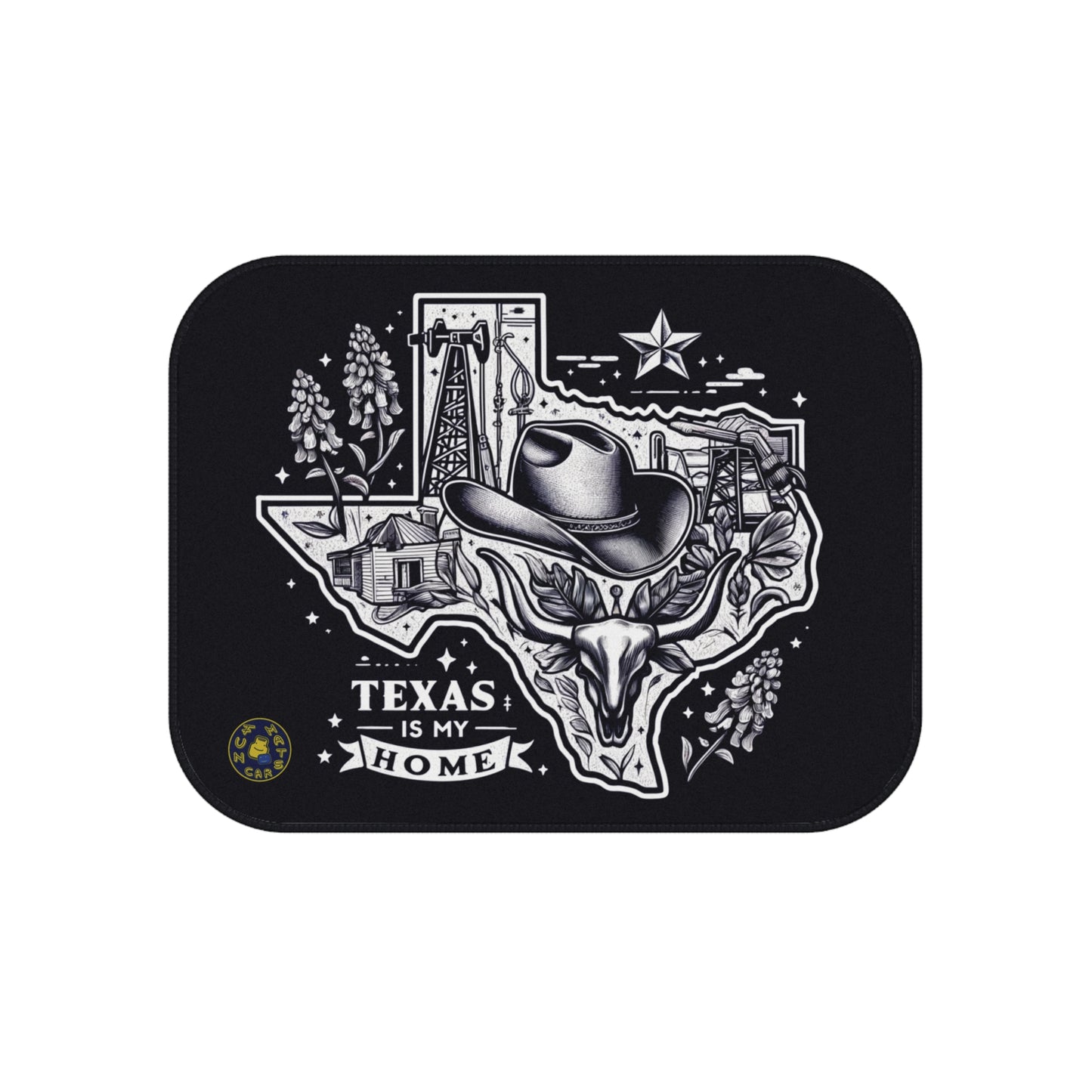 Custom car mats featuring Texas-themed design with cowboy hat, Texas state outline, oil rig, and 'Texas is My Home' text