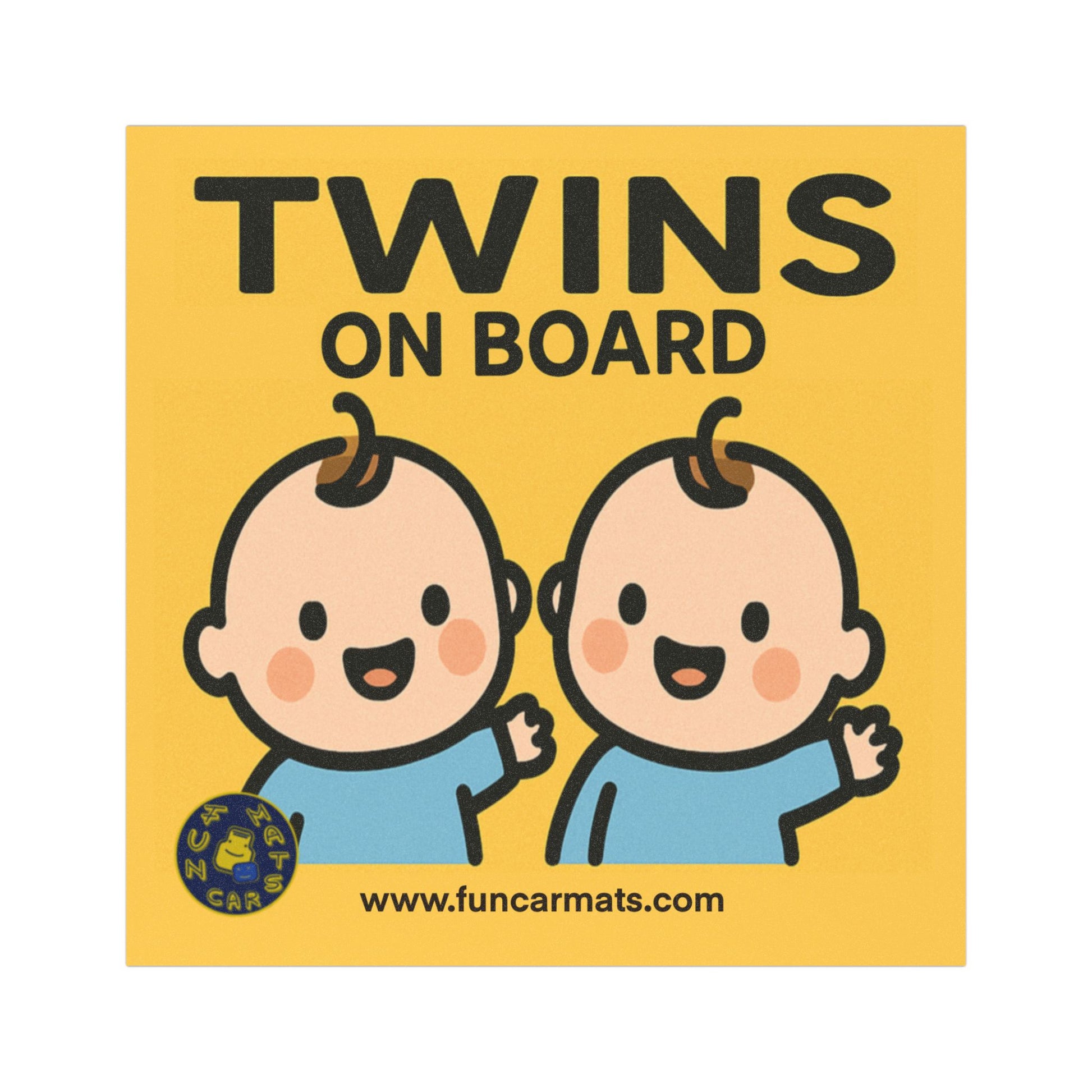Sticker with cartoon twins and 'Twins on Board' text on a yellow background