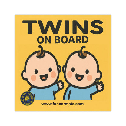 Sticker with cartoon twins and 'Twins on Board' text on a yellow background