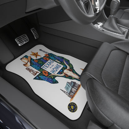 Custom car floor mat featuring a "Texas is my Home" design with a cowboy hat, oil rig, star, and longhorn skull, available at Fun Car Mats