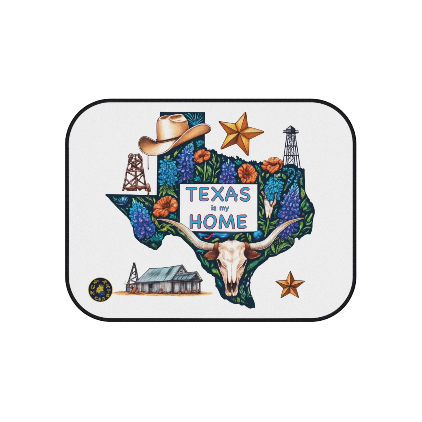 Custom car floor mat featuring a "Texas is my Home" design with a cowboy hat, oil rig, star, and longhorn skull, available at Fun Car Mats